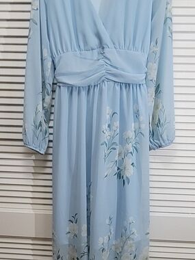 Light Blue Floral Chiffon Midi Dress S V-Neck Balloon Sleeve Ruched A-Line